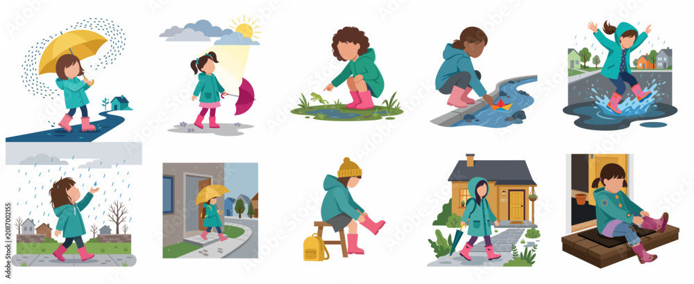 Fototapeta premium Set of flat vector illustrations featuring a little girl enjoying rainy day activities, wearing a raincoat and boots, jumping in puddles, and walking with an umbrella.