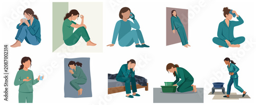 Obraz na plátně Flat Vector Illustration Set of Sick Woman with Various Illness Symptoms and Hom