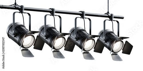 professional black stage track spotlights ceiling studio lighting equipment isolated on transparent background png for movie concert production theater graphic design element
