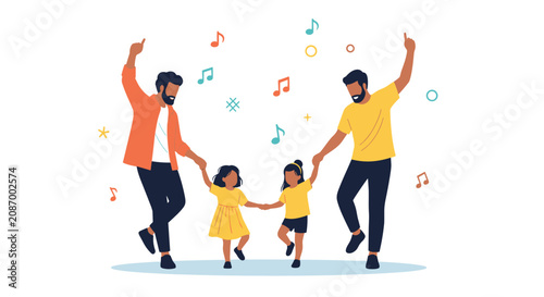 Happy diverse family including two fathers and two young daughters dance together joyfully among floating musical notes and colorful shapes.