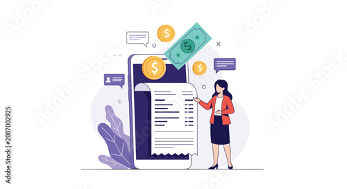 Professional woman manages digital finances next to a giant smartphone showing a long paper receipt with money floating around.