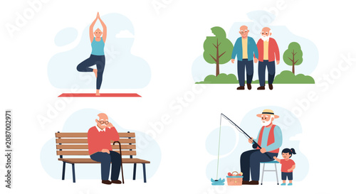 Collection of illustrations showing senior citizens staying active through yoga, walking, sitting on a park bench, and fishing.