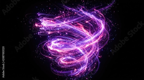 Abstract Energy Swirls with Vibrant Purple and Pink Light Trails in a Dark Space Featuring Cosmic, Digital, Art with Background