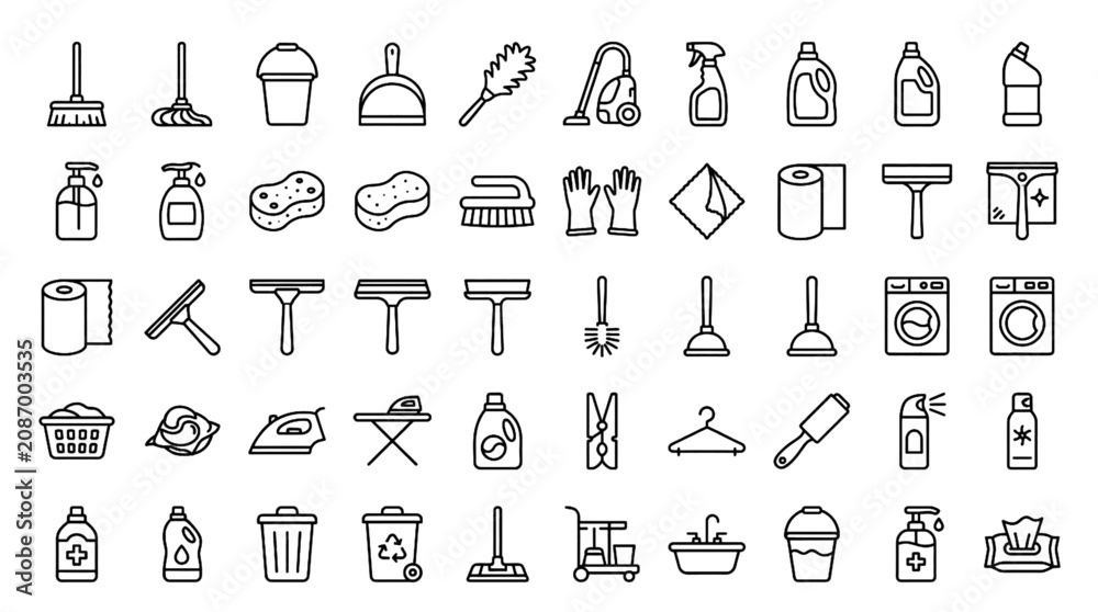 Fototapeta premium Cleaning and Laundry Service Line Icon Set Featuring Broom Iron Spray Bottle Washing Machine Sponge and Soap Dispenser for Household Maintenance