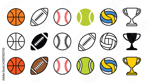 Konstfotografi Sports ball and trophy icons featuring football, basketball, baseball, tennis, volleyball, golf, and championship award symbols for athletic competition design