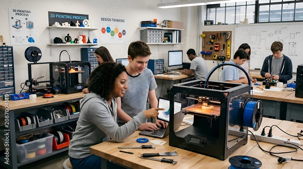 Fototapeta premium Students learning 3D printing in a modern classroom workshop