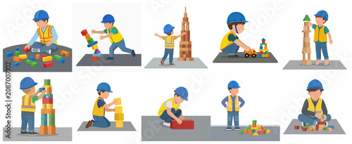 Fotografie Set of Little Boys Playing with Building Blocks as Future Construction Workers a