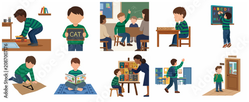 Back to school flat vector illustration set featuring a primary student boy in various educational activities including reading, writing, learning, and classroom participation.