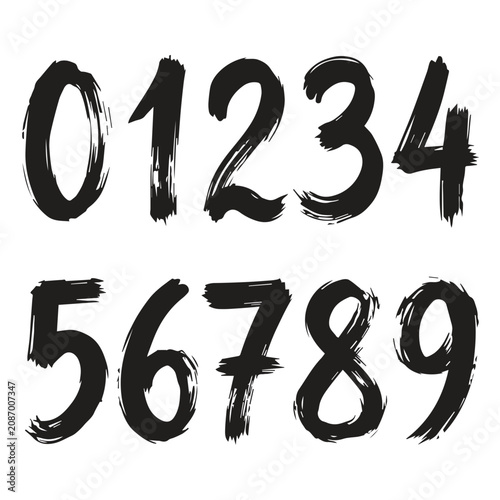 Set of hand painted brush stroke numbers zero through nine with typography