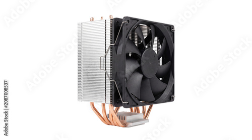 Schilderij op canvas Computer CPU cooler heatsink with fan and copper heat pipes