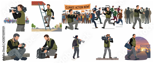 Obraz na płótnie Professional Photojournalist and Videographer Illustrations Set in Various News