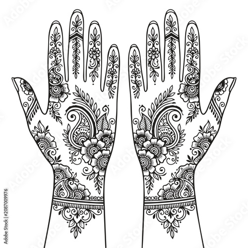 Intricate black and white floral henna mehndi hand design illustration