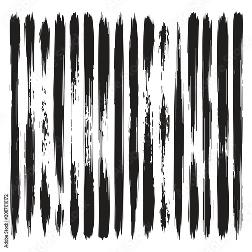 Set of vertical grunge black paint brush strokes and texture elements