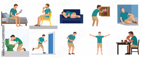 Tableau sur toile Man suffering from various health problems and unhealthy habits illustration set, including stomach pain, vomiting, binge eating, and alcohol consumption