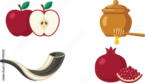 Jewish Religious Symbols Vector Set Featuring Apple Honey Shofar Pomegranate and Traditional Holiday Icons Isolated on White Background