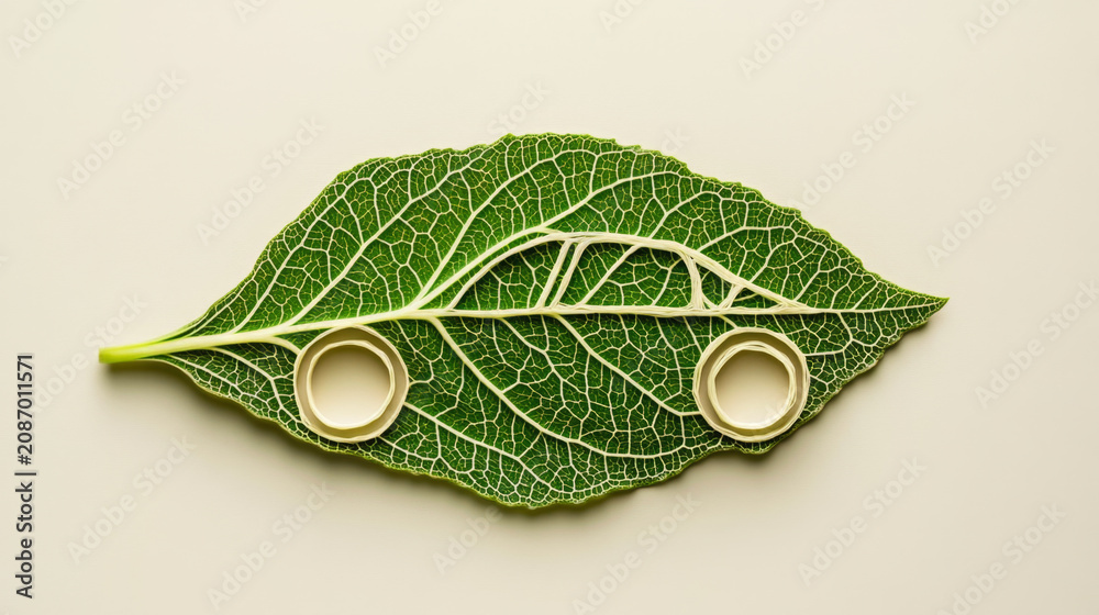 Naklejka premium Eco-Friendly Car Made of Green Leaves on Beige Background