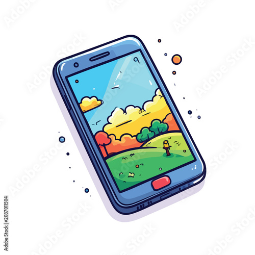 Cartoon smartphone with colorful nature wallpaper on screen.