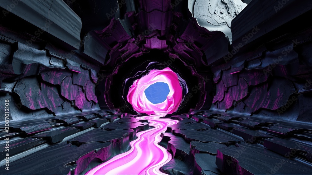 Fototapeta premium Dark tunnel glows with vibrant pink energy. Fractured stone walls lead toward bright light source. Mysterious, futuristic space.