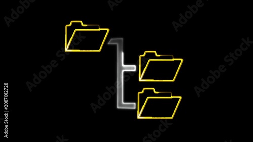 Neon glowing folders connect in a hierarchical system directory. Information Technology Folder Hierarchy icon for Data Storage. Animated folder icon.