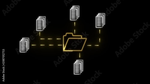 Neon white and yellow document management system icon connecting multiple files and folders, diagram illustrating a central folder connected icon to multiple stacks of documents.
