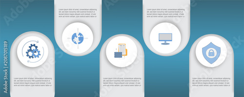 Modern business infographic template with technology icons, cybersecurity, global network, workflow, database, and digital solutions. Perfect for presentations, reports, and corporate layouts.