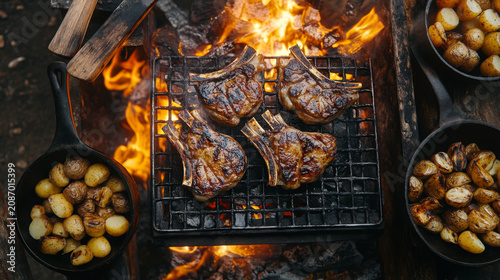 Grilled Lamb Chops and Roasted Onions Over Open Fire