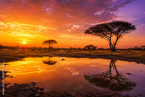 Purple amber twilight reflected in savanna watering hole