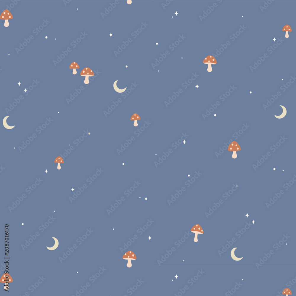 Fototapeta premium Cute Halloween Moon and Mushroom Seamless Pattern with Blue Night Sky Whimsical Spooky Background