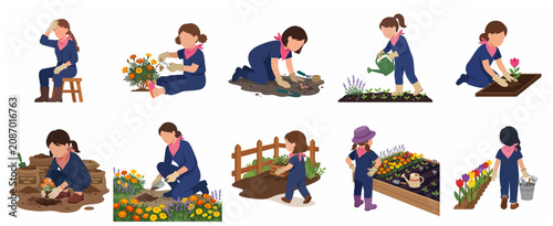 Foto Set of flat vector illustrations of a young woman gardener engaged in various pl