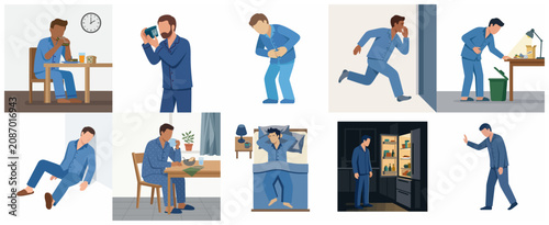 Foto Flat Vector Illustrations of a Man Suffering from Food Poisoning, Stomach Ache,