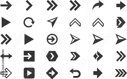 Set of various directional arrows and play buttons