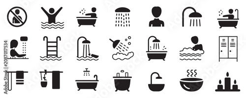 Foto Black icons of bathroom and bathing symbols on white background