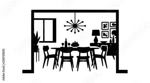 Mid-century modern dining room interior silhouette vector illustration