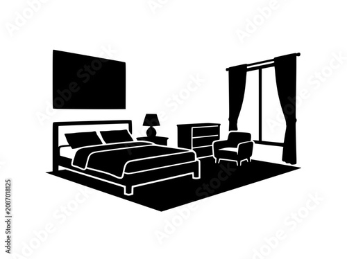 Minimalist Bedroom Interior Silhouette with Bed and Furniture