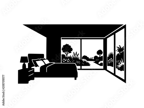 Minimalist Black and White Bedroom Illustration with Garden View Through Large Windows