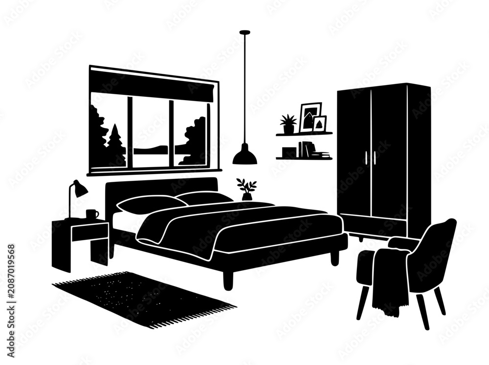 Fototapeta premium Minimalist modern bedroom interior silhouette vector illustration