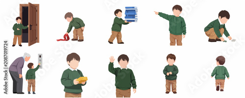 Tableau sur toile Set of vector illustrations featuring a polite young boy in various daily activities, helping others, and showing good manners, faceless character design