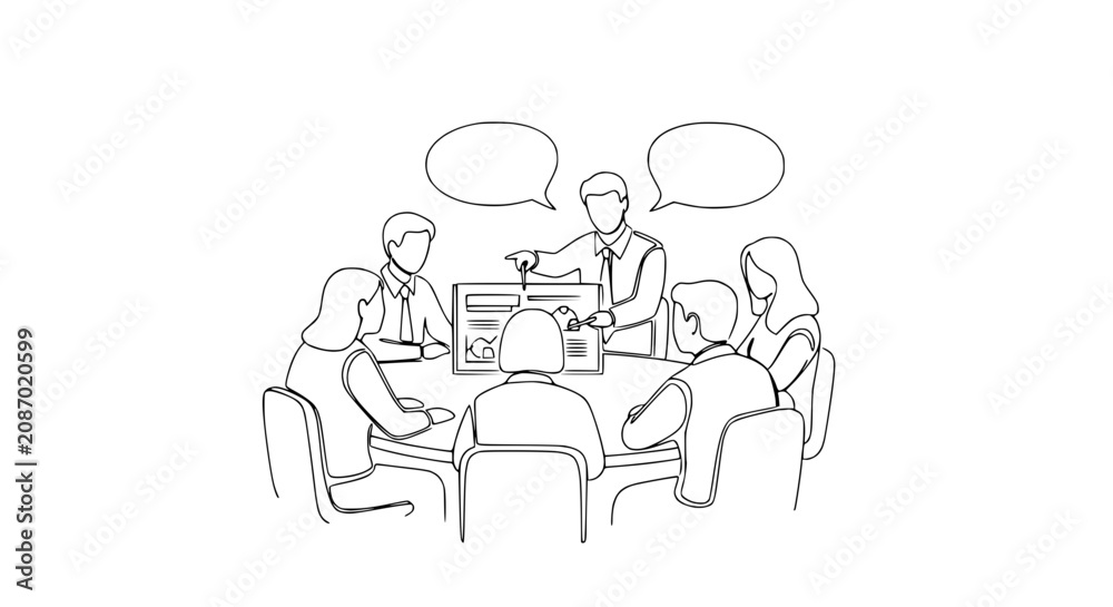 Fototapeta premium Business meeting illustration: team discussing ideas around table with charts and speech bubbles
