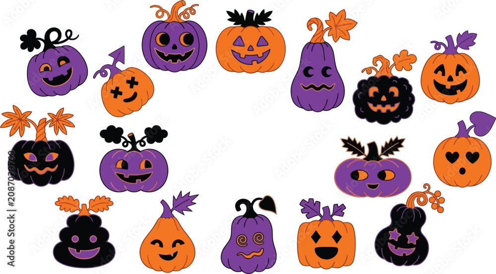 Fototapeta premium Halloween pumpkins and gourds with various faces