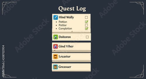 Digital quest log interface with task completion checklist.