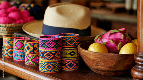 Panama hat display with woven bracelets and tropical fruit, seasonal summer retail concept.