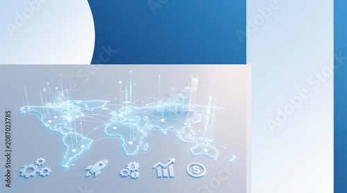 Digital world map with glowing connection points representing global business network, international trade and financial market growth concept.