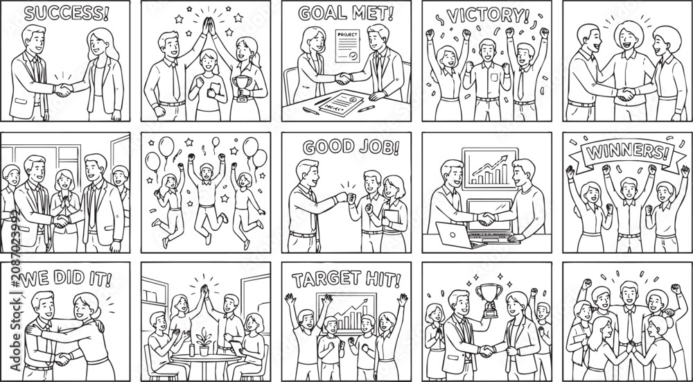 Obraz premium Business success concept line art set with celebrating office teams