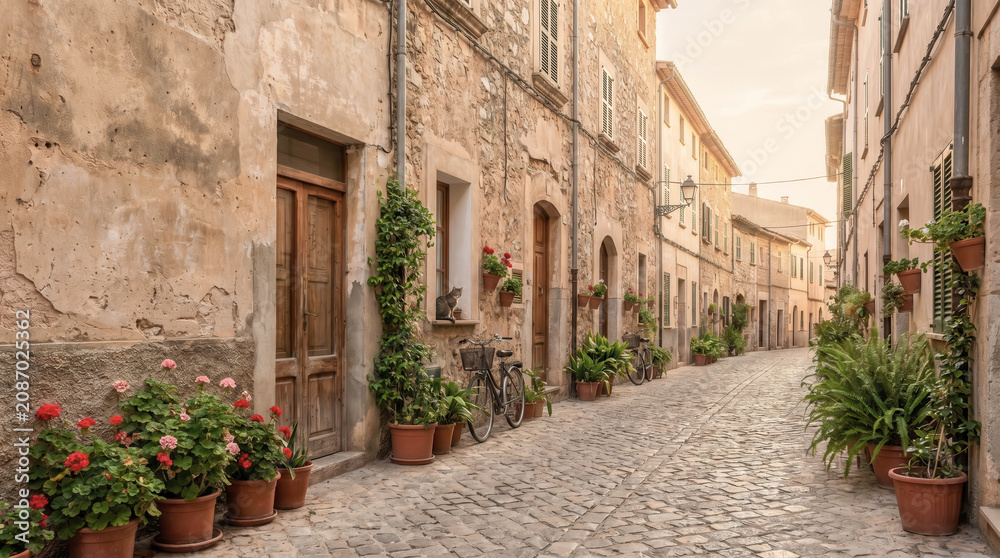 Fototapeta premium Warm sunlight glows over cobblestone street. Weathered stone walls flank each side. Potted plants and flowers add color. Rustic wooden doors invite curiosity. Bicycles lean near windows, parked