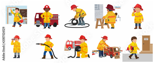 Cute boy in firefighter costume set for career day, little kid role playing as a fireman in various poses, childhood dream profession vector illustration