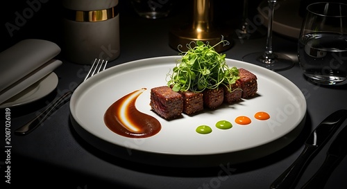 Perfectly seared gourmet beef cubes garnished with fresh microgreens and artistic colorful sauce dots served on a minimalist white ceramic plate for a fine dining restaurant experience during a dinner