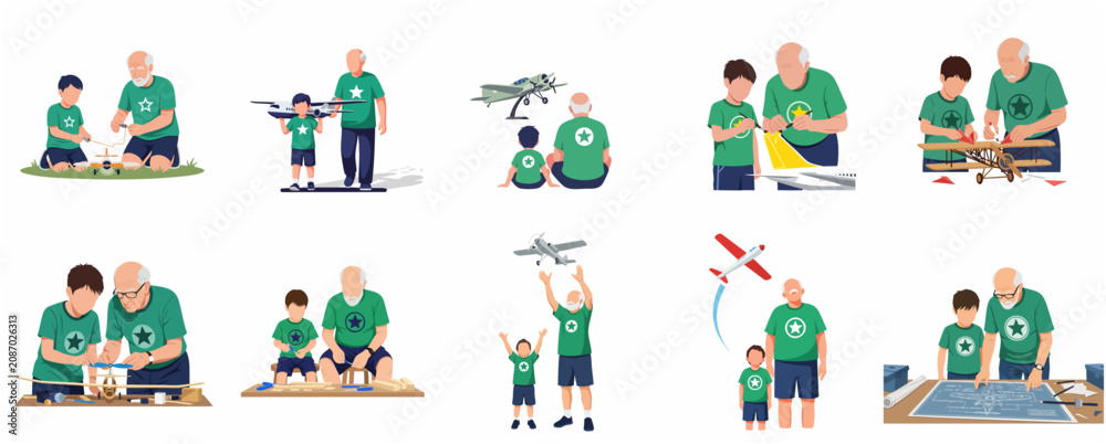 Fototapeta premium Grandfather and Grandson Building and Playing with Model Airplanes Illustration Set
