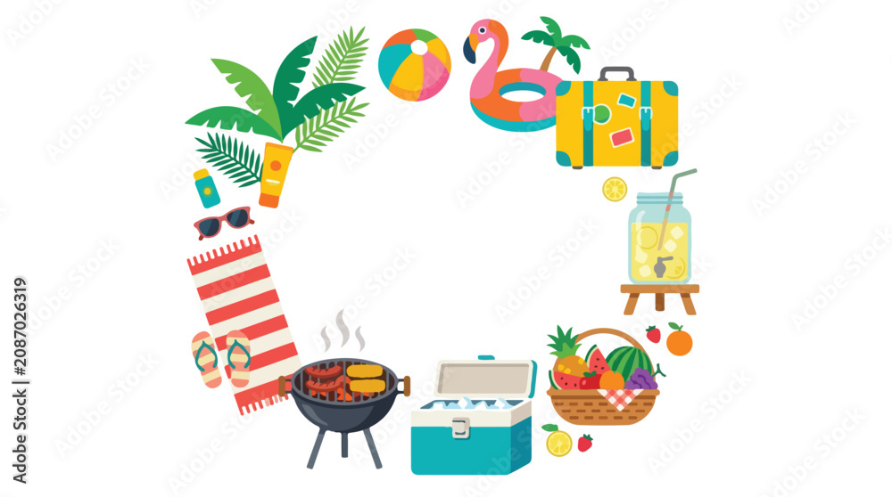 Fototapeta premium This vibrant vector illustration showcases a circular arrangement of summer vacation essentials like beach gear, travel items, and a BBQ grill.
