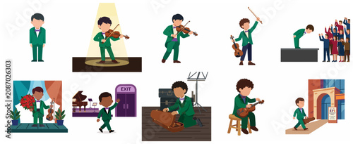 Foto Set of flat vector illustrations of a young boy violinist performing at a classical music concert, practicing, and taking a bow on stage