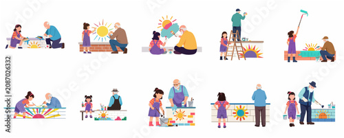 Grandfather and granddaughter painting mural together set, senior man and little girl creating wall art, intergenerational bonding flat vector illustrations